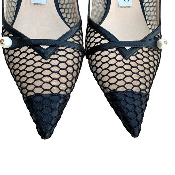 Jimmy Choo Amita 45 Black Slingback Nappa Leather Fishnet Mesh Kitten Heel Pump